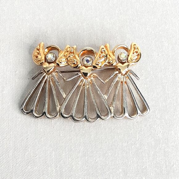Threee Angles Brooch Open Work Gold And Silver Tones Hearts And AB Rhinestones - Picture 3 of 8